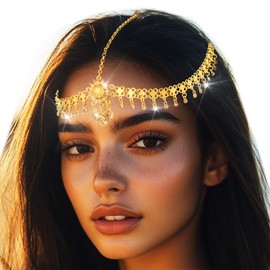 Woeoe Tassel Gold Head Chain Jewelry Boho Rhinestone Headpiece Festival Costume Hair Accessories for Women