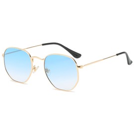 RUNHUIS Retro Polygon Sunglasses for Men and Women, Fashionable Square Glasses, Ultralight Metal Frame, Gold/Blue