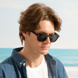 Vintage Polarized Sunglasses for Men Women, Durable Acetate Round Shape Stylish Thick Frames with Patterned Metal Wire Core Arms, TAC Sun Lens UV400 Protection for Outdoor Wear, Clear Grey