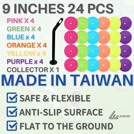 LEZER 9 Inch Flat Cones, Spot Markers, Soccer Cones, Field Court Markers, Sit Spots, Flat Discs, Soccer Training Equipment, Agility Practice, Football, Made in Taiwan, Set of 24