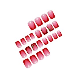 24Pcs Red Square Press on Nails Short Fake Nails with Glue Glitter French Tip False Nails with Rhinestone, 3D Cherry Design Handmade Acrylic Nails Press ons Cute Reusable Stick on Nails for Women