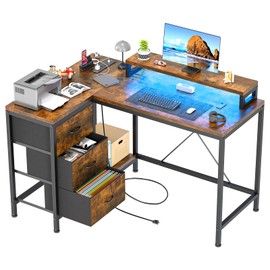 Patikuin L Shaped Desk with Power Outlets & LED Lights, Computer Desk with Drawers & Shelves, Corner Desk Gaming Desk Home Office Desk, Rustic Brown