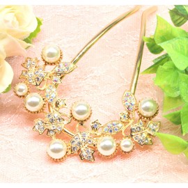 Miaomyao Kanzashi, Kanzashi, Bee Shape, Double Legged, Kimono, Sleeve Closure, Metal, Antique Maple, Leaf Flower, Pearl, Zirconia, U-Shaped Comb, Rose Gold Hair Accessory