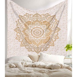 X-morrey Wall Decor Indian Mandala Tapestry Picnic Table Cover and Curtain, Holiday Decor High Definition Print Bohemian Mural Bedroom Tapestry Wall Hanging Personality Gift Multifunctional Home Decor Beach Towel (White Gold WG01)