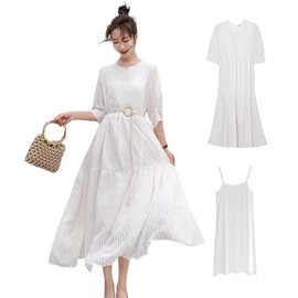Collecala Women's White Dress, Summer, Short Sleeve, Mataniti, Oversize Cami Dresses, Off-White, Fluffy, Mimore Long, Summer White Dress Piece, Cami + Dress + String Belt 3-Piece Set, white