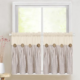 Cotton Linen Farmhouse Kitchen Curtains 24 Inch Boho Rustic Button Tier Curtains Natural and Brown Stripe Color Block Curtain Rod Pocket Small Window Curtain for Cafe Bathroom Bedroom Drapes