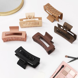 Sisiaipu Hair Clip, 3.5 Inch Medium Square Claw Clips Rectangle Clips 6 Pack Rubber Paint Acrylic Plastic Metal, Non-Slip Design for Women Girls - Coffee