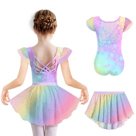 Arshiner Girls' Ballet Clothing 2-9 Years Short Sleeve Ballet Dress Cotton Backless Ballet Jersey Kids Glitter Dance Dress Two Piece Ballet Suit Toddler Dance Bodysuit with Chiffon Skirt Tutu, rainbow