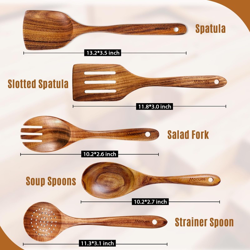 Mooues Wooden Spoons for Cooking, 5 Pcs Wooden Utensils for