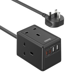 Extension Lead with USB C Slots, FDTEK Mini Plug Extension Cube with 3 way Outlets and 4 USB Ports, Travel Extension Socket with 1.5M Cord, UK Mountable Power Strip for Home Office Cruise-Black