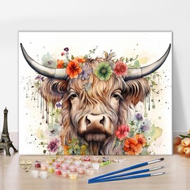 Rebotipy Paint by Numbers Kit for Adults Enchanting Highland Cow DIY Paint by Numbers for Adults Floral Crown Oil Painting with Brushes Adult Paint by Number Kits Art Crafts 16x20 in