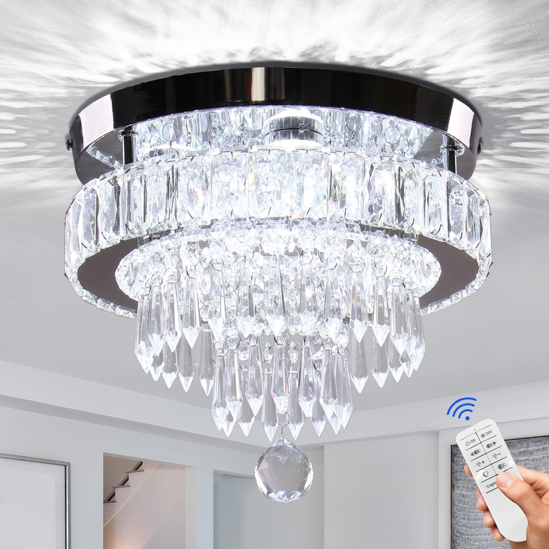 Finktonglan 11.8" Dimmable Crystal Ceiling Light with Remote, Mini Flush