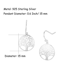 Tree of Life Earrings for Women Girls Children Hanging Earrings 925 Sterling Silver Diameter 15 mm, Sterling Silver, No Gemstone