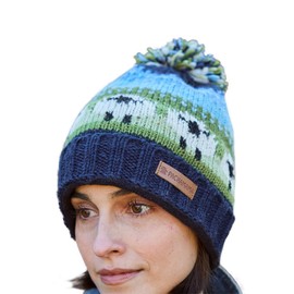 Pachamama Ladies Wool Bobble Hat Fleece Lined Rollback Hand Knitted Cute Sheep Design Blue Green One Size Handmade Extra Warm Fair Trade Blue Green One Size, blue / green
