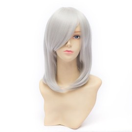 Anime Wig 45cm 原宿風 ハロウィーンパーティー シルバー白 ファッション セミロングストレート 前髪斜め アニメ コスプレウィッグ コスチューム かつら 専用ネット付