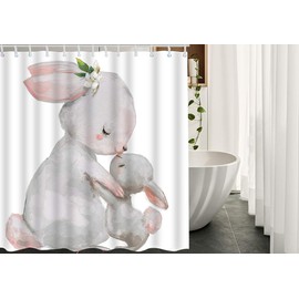 Moslion Rabbit Shower Curtains 72x72 Inch Cute Animal Hare Mom with Little Bunny with Flower Leaves Shower Curtains Home Waterproof Long Polyester Fabric Shower Curtain with Hooks Grey