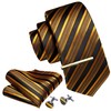 Barry.Wang Men Tie Gold Black Stripes Silk Ties Pocket Sqaure