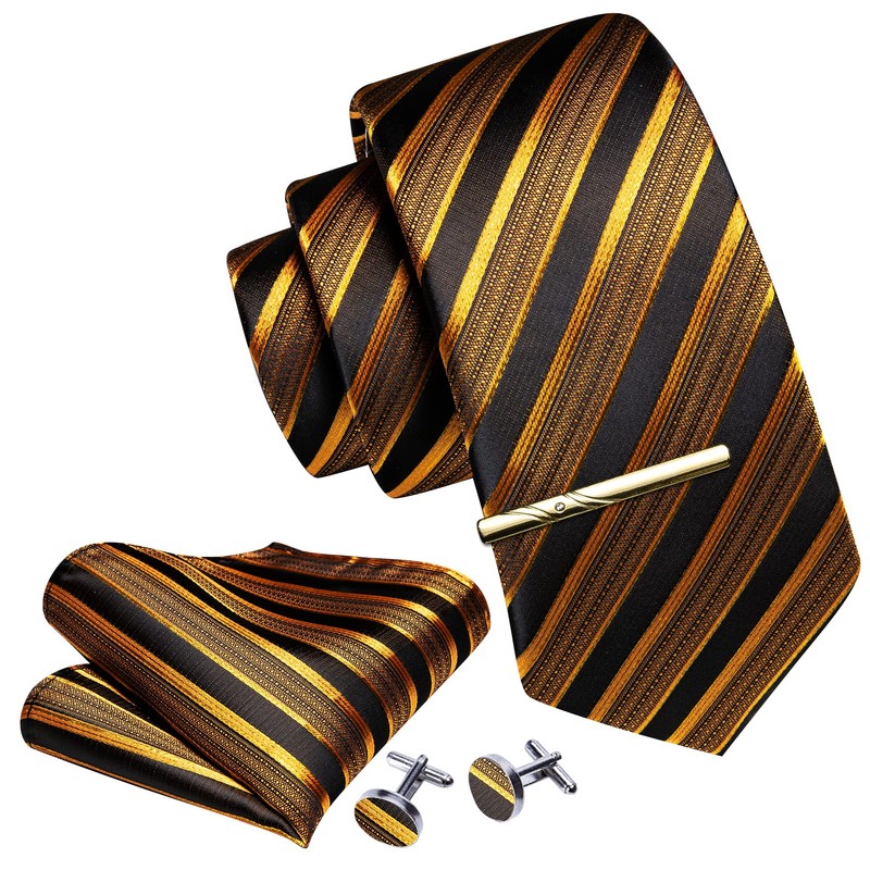 Barry.Wang Men Tie Gold Black Stripes Silk Ties Pocket Sqaure