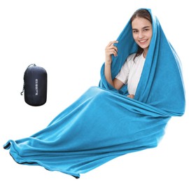 RONGUI フリース 寝袋 毛布 防災 冬 インナーシュラフ 袋型 コンパクト キャンプ 車中泊 アウトドア 暖かい (ブルー)