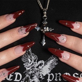 Valentine's Day Press on Nails Long Length Almond Wine Red Heart Rhinestones Design French False Nails Full Cover Glossy Silver Lines Coffin Nails Artificial Acrylic Nail Glue on Nails for Women 24Pcs