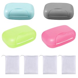 4 Pack Portable Soap Box and Mesh Bag for Soap Box 4 Pieces Waterproof Soap Box with Lid for Home, Camping, Bathroom, Travel (Large)