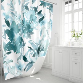 MAYZUS Teal Blue Floral Shower Curtain, Turquoise Watercolor Flower Shower Curtain for Bathroom, Modern Abstract Ink Decorative Fabric Shower Curtain Set with Hooks 72x72