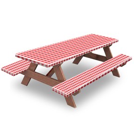KENOBEE 6ft Picnic Table and Bench Cover, Camping Essentials RV Gear, 72in Waterproof Windproof Outdoor Elastic All Around Tablecloth, Fitted Rectangle Tables and Seats, Red-White Checkered