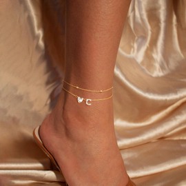 Gold Initial Ankle Bracelets for Women, 14K Gold Plated Dainty Love Heart CZ Trendy Layered Letter A-Z Waterproof Anklets Fashion Jewelry Gift for Women (Gold-C)