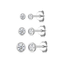 Ecripe 3 Pairs of 925 Sterling Silver Stud Earrings, Hypoallergenic Cubic Zirconia Stud Earrings Silver for Women, Sparkling Earlobe Cartilage Stud Earrings, Earrings for Sleep Earrings Women,