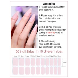 Semi Cured Gel Nail Strips | 20pcs Transparent Milky Pink Gel Nail Stickers UV | Semi Cured Gel Nail Wraps for Home Nails DIY