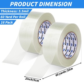 Oleitodh 16 Rolls Strapping Tape 2 Inch x 60 Yards 5.5 Mil Filament Tape