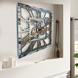 The Gears Clock 24'' Inch Square Real Moving Gear Wall Clock Vintage Industrial Oversized Rustic Farmhouse (Grey and White)
