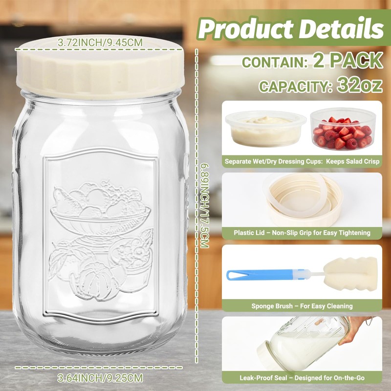 32oz Wide-Mouth Glass Salad Jars 2-Pack with Ivory Plastic Lids