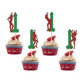 24Pcs Christmas Cupcake Toppers Red-green Glitter Pole Dancing Girl Cupcake Toppers Bachelor Party Christmas Hat Cupcake Picks for Christmas Bachelor Hen Funny Bridal Shower Birthday Party Supplies