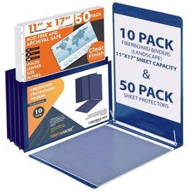 10 Pack of 11”x17” Landscape Pressboard Presentation Binder Folders with 50 Sheet Protectors. Blue Fiberboard Report Covers with 3" Capacity Metal Prong Paper Fastener to Bind Reports, Proposals etc.