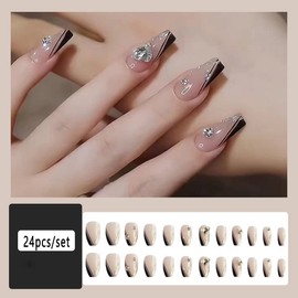 Carufin 24 PCS Chessboard Star Moon Nail Stickers Platinum Powder Stars Crystal Fake Nail Stickers Press on False Nails Daily Wear Artificial Nails (H)