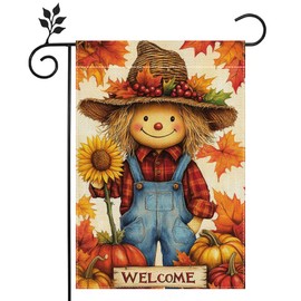 Fall Pumpkin Scarecrow Garden Flag for Outside 12x18 Inch Double Sided Burlap Welcome Autumn Thanksgiving Maple Leaf Sunflower Flowers Farmhouse Holiday Rustic Outdoor Yard Flag Home Decorations