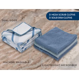 S&T INC. Dish Cloths for Washing Dishes, Microfiber Cleaning Cloth for Home, Blue/Plaid, 12 Inch x 12 Inch, 6 Pack Includes 3X Dish Scrubber, 3X Solid Cloths