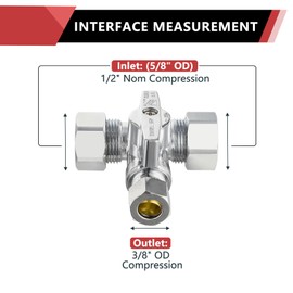 EFIELD 1/4-Turn Stop Tee Compression Stop Valve, 1/2" NOM (5/8" OD) x 1/2" NOM (5/8" OD) x 3/8 inch, Chrome Plated Brass, UPC Certified
