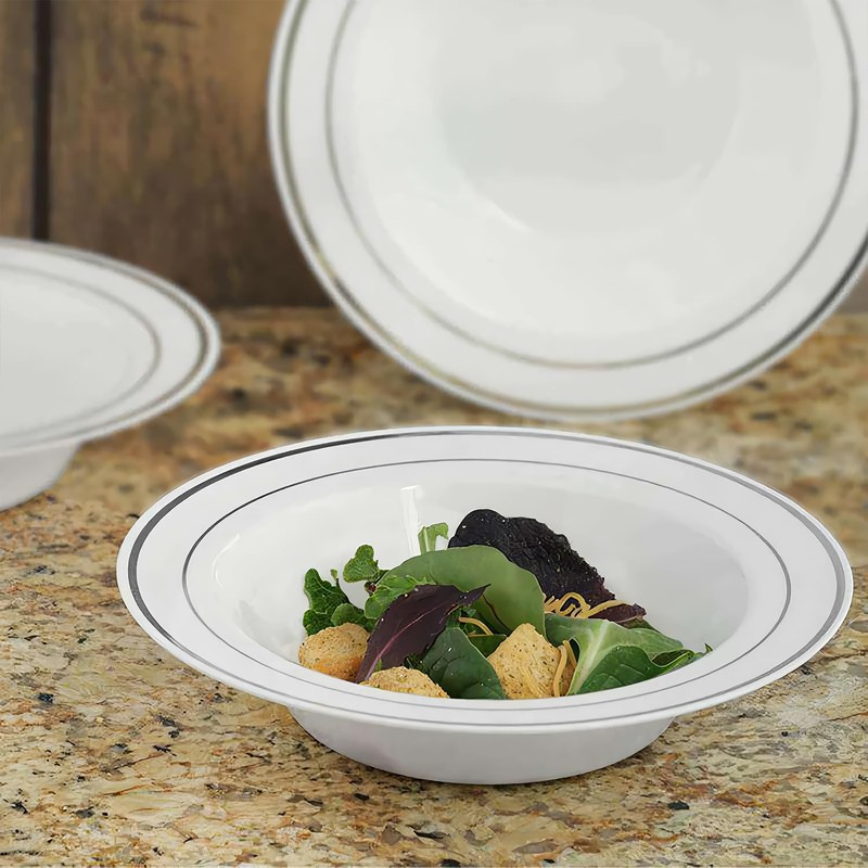Kaya Elegant White & Silver Rim Disposable Plastic Soup Bowls