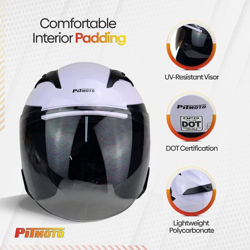 PITMOTO Open-Face Motorcycle Helmet. DOT, Model PM-768-White-Large
