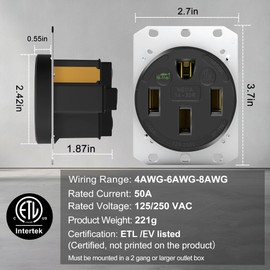 HBL9450A Straight Blade Device Receptacle, 50 Amp Car Charger Receptacle, RTP, Industrial Grade, 3-Pole 4-Wire Grounding, 50A 125/250V, 14-50R