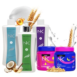 NK Sensitive Keratin Hair Straightening Treatment, Vegan, Formaldehyde Free. Kit Steps 1,2,3,4. Sensitive straightening treatment, post-treatment shampoo and Collagen & Hyaluronic Acid Hair Mask. 15oz