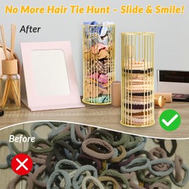 SCUNDA Gold Metal Hair Ties Holder Organizer – Stylish Scrunchie Stand with Side Opening for Easy Access – Countertop Hair Elastics Storage for Women & Girls, Set of 2 (Large & Small)
