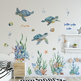 Ocean Animals Wall Decals - Sea Turtle Wall Stickers Reef and Fish Under The Sea Wall Decals Removable Waterproof Peel and Stick Wall Decor for Kids Room Décor Baby Nursery