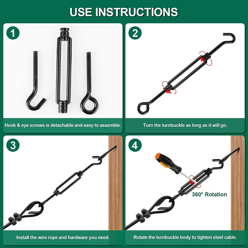 Premium Adjustable Black Turnbuckle Tensioner, 12PCS M6 Hook & Eye