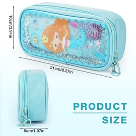 OFFCUP Pencil Case with 3 Compartments Waterproof Pencil Case Pens with Quicksand for School Office Large Capacity Pencil Case Zip for Children Teenagers Girls Adults, mermaid