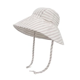 Baby Sun Hat UPF 50+, Wide Brim Linen Cotton Summer Hat with Chin Strap, Breathable Toddler Bucket Hat for Boys & Girls, Beige Stripes, 0-6 Months