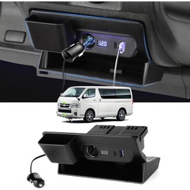 Power Expansion Unit for Toyota Hiace 200 Series – USB Splitter with QC3.0, Type-C, Tray, LED Footlight & Voltage Display, Ashtray Replacement, Custom Fit Interior Accessory (1PC, Black)
