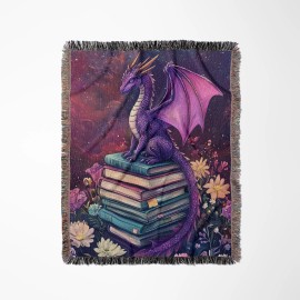 Purple Dragon On Books Woven Throw Blanket, Reading Gifts, Fantasy Blanket Decor